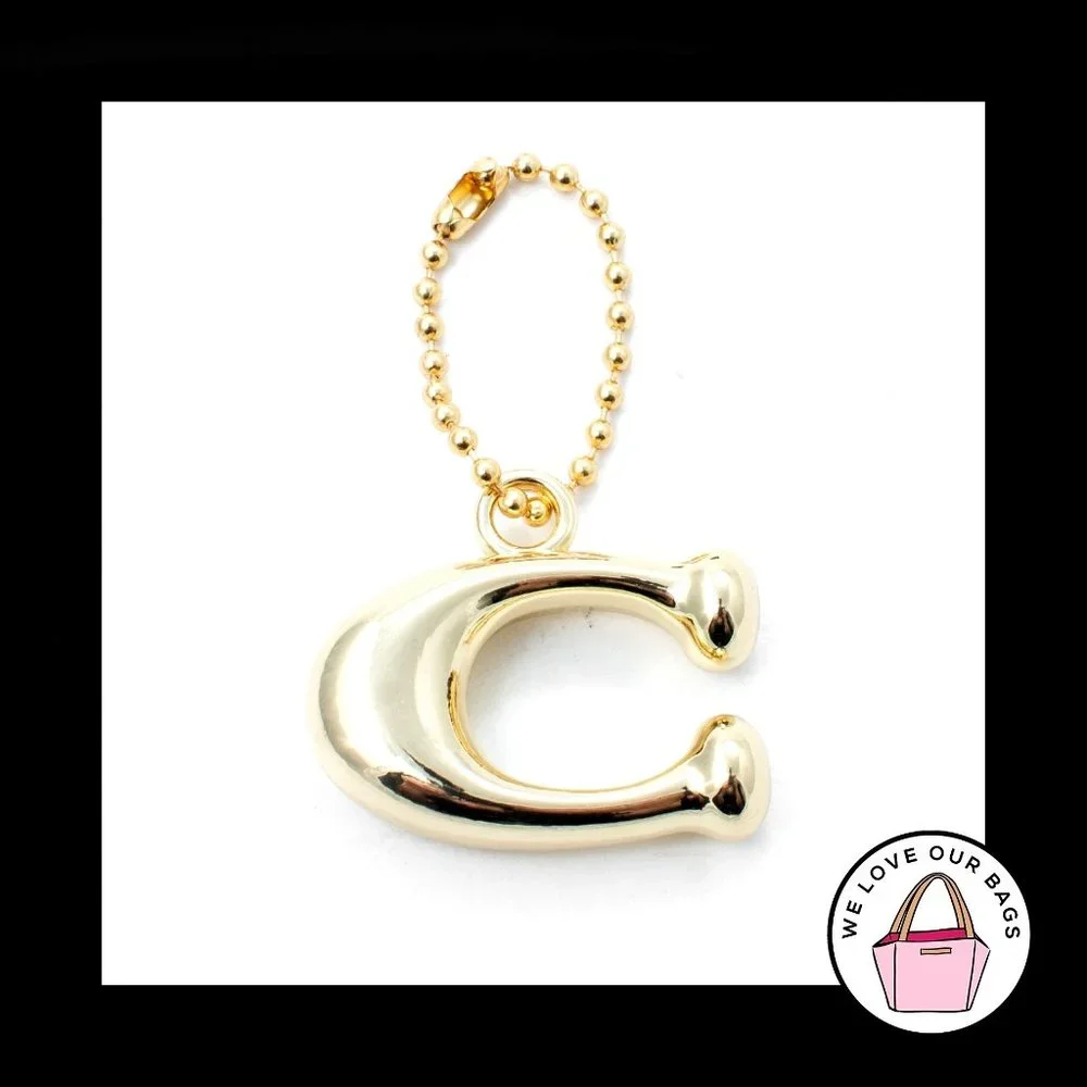 NEW COACH PUFFY Gold Brass Metal C Bag Charm on Ball Chain Fob Keychain Hang Tag